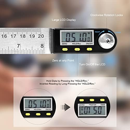 Angle Finder Digital, Wogrig Protractor Digital com LCD Display 200mm Régua de ângulo Ferramenta de aço inoxidável para