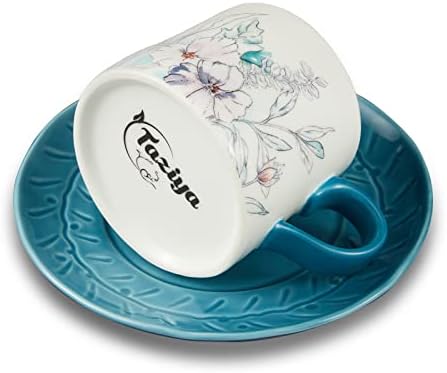 Copo de café e pires Conjunto, canecas de café de 6,8 onças/200 ml, copo de chá com vidro azul de vidro azul com correspondência de cor azul e branca, xícara de chá de porcelana para escritório e casa, lava -louças e cofre de microondas