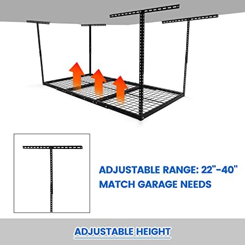 3x6 Armazenamento de teto Rack de garagem 72-1/4 Comprimento x 24-1/8 Largura x 22 -40 Aço preto Altura ajustável