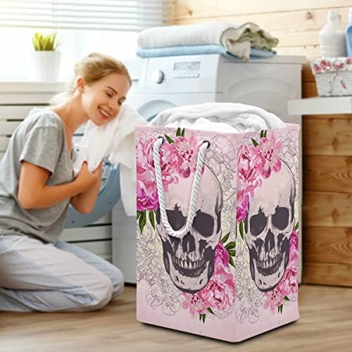 Domerando a cesta de lavanderia grande com alças - Halloween Skull Flowers Bin Armazenamento de roupas à prova d'água para o quarto