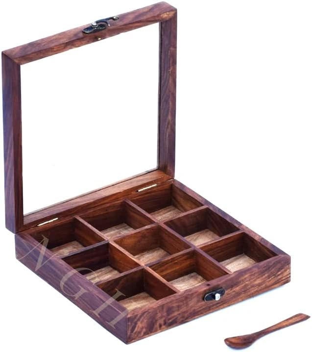 Caixa de especiarias de madeira para artesanato para cozinha com 12 e 9 compartimento e 4 compartimento de madeira com colher por