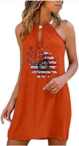 Vestidos curtos de verão, feminino Americano de bandeira patriótica anel de tanque de tanques de girassol mini casual solto praia