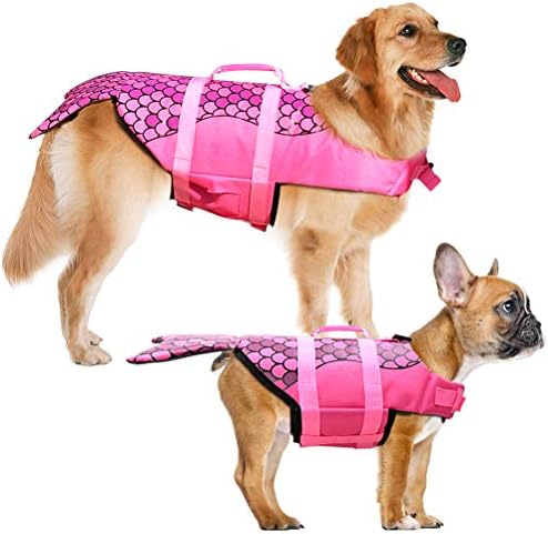 Jaqueta salva -vidas de cachorro - Sereia rosa quente, colete portátil de jaqueta de cães, coletes de salva -vidas com alça de resgate para cães médios e grandes, preservador de maiô de segurança para animais de estimação para natação, passeio de barco na praia