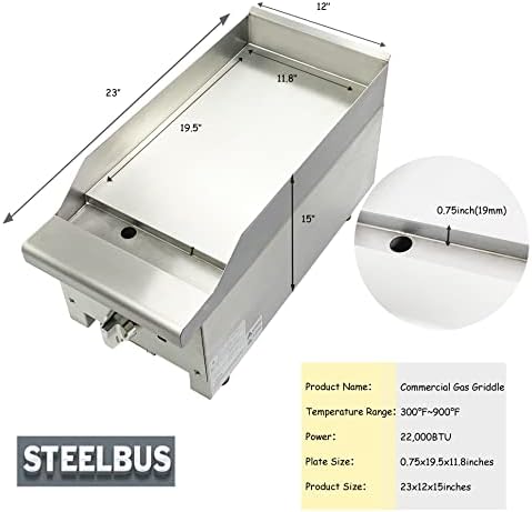 Steelbus Commercial Gas Griddle-12''x23 '' | Griddle Griddle Grill plana | Placa de aquecimento espetada de 19mm Placa