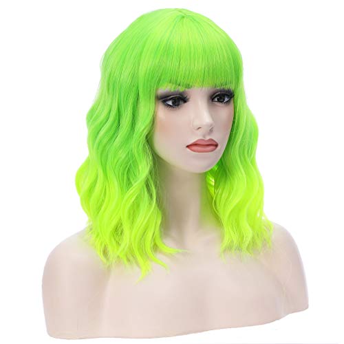 Beron 14 polegadas peruca verde de limão curta peruca encaracolada com franja neon peruca verde perucas sintéticas girls meninas ombre Green peruca com tampa de peruca