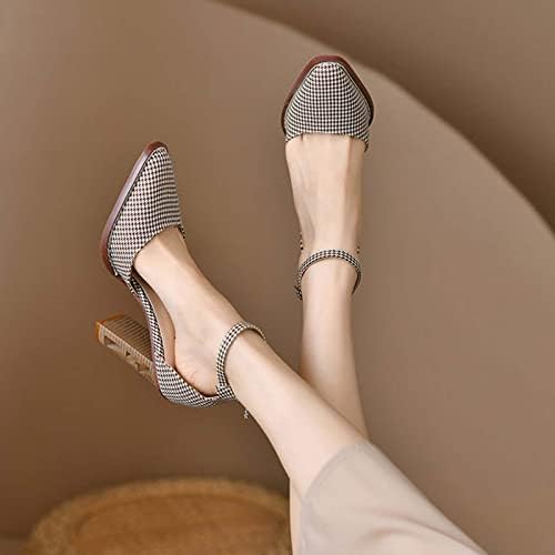 Rbculf Sapatos de vestido xadrez feminino saltos grossos de ponta dos pés Sapatos de fivela de fivela de verão sandálias