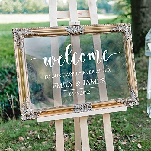 Decalque de arte de vinil - Bem -vindo ao nosso feliz para sempre - 17 x 30 - adesivo fofo elegante adesivo personalizado com saudação de noiva noivo Recepção de casamento Hall Garden Garden Buffett Decoração de entrada