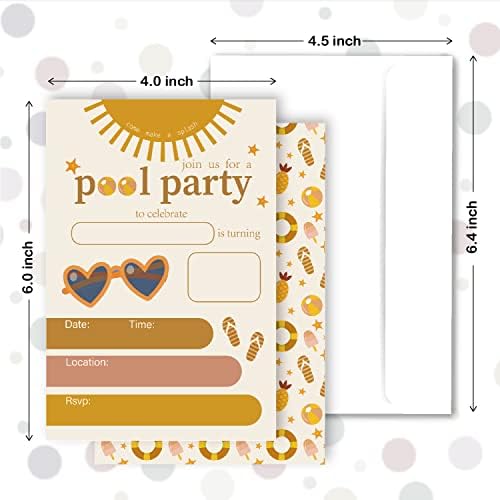 Huyaw Pool Party Boho Girl Birthday Invitation Card 25 Pack 4 X 6 Cartões, Boho Sun Pool Party Party Birthday Invitations e Envelopes para meninas adolescentes, convites de festa na piscina de verão