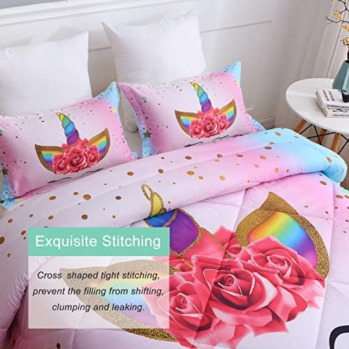 Conjuntos de roupas de cama duplas de unicórnio sirdo para garotas Conjunto de consolador de crianças tamanho duplo com 2 travesseiros rosa e arco -íris