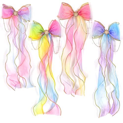 Arcos de cabelo de cor de fita, 4 pcs grandes laços trançados com clipes coloridos e glitter bowknot com clipes longos e grandes de