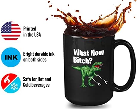 Bubble abraços engraçados caneca de café de dinossauro 15oz preto - o que agora btch - sarcasmo dino t -rex animal predador