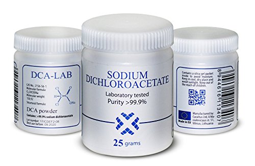 DCA - dicloroacetato de sódio 25g em pó, pureza> 99,9%, fabricado na Europa, por DCA -Lab, certificado de análise