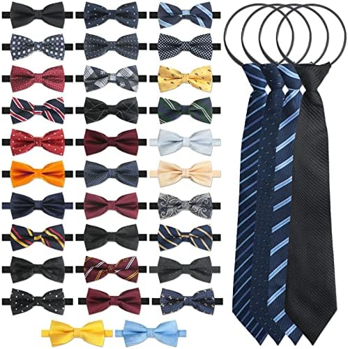 32 Pacote laços de arco para homens e 4 laços com zíper para homens, clipe variado em gravatas ajustáveis ​​laços magros