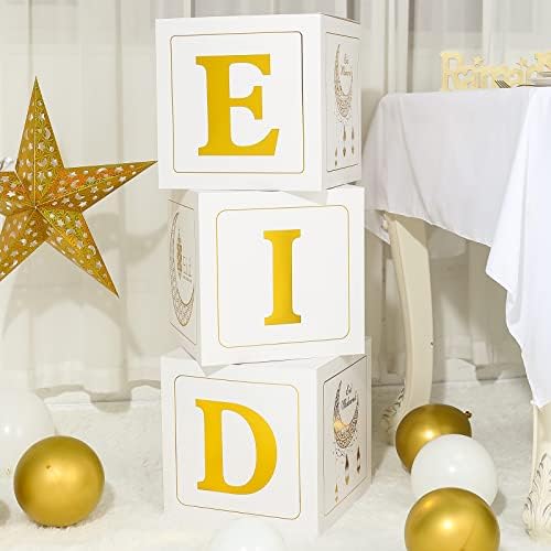 3pcs Eid Mubarak Decorações - Caixas brancas de balões Eid com Eid Stamping Gold para decorações Eid al -Adha, suprimentos de festa Eid, Ramadã Kareem Diy Decors, suprimentos islâmicos muçulmanos