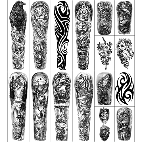 Metuu 46 folhas Extra grande braço completo Tatuagem temporária realista para homens e mulheres ， Elk Deer águia leão lobo tigre veleiro totem scorpion tatuagem adesivos adequados para a perna da mão na mão Face