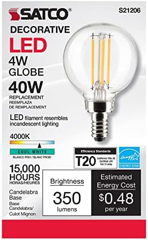 Lâmpadas E12 LED de 4 watts SATCO, 4000K, 15000 horas de classificação, Dimmable, 6 pacote