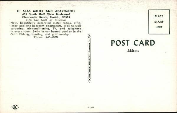 Hi Seas Motel and Apartments Clearwater Beach, Florida FL Original Vintage Post cartão