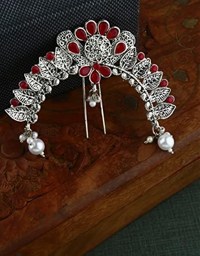 Broche de cabelo adorável de tom prateado | pino tradicional de juda para mulheres elegantes | jóias de cabelo Maharashtrian