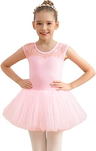 Girls Ballet Lace Sleeve Letard Tank com saia tutu para ginástica de dança