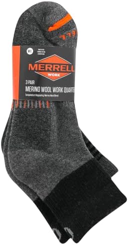 Merrell Men e feminino Merino Wood Work Socks - Unissex 3 par Pack - Mei -Cushion Comfort e Arch Support Band