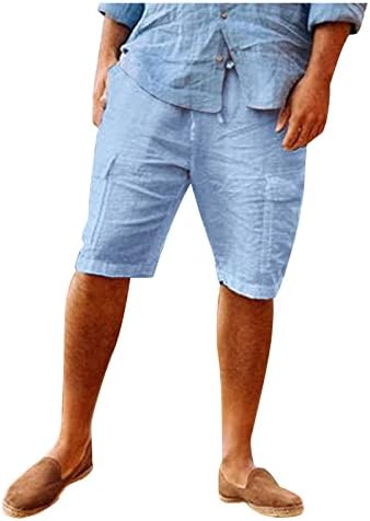 Shorts de trabalho para homens, linho de linho de algodão sólido casual masculino, shorts de carga de bolso de bolso de praia de praia