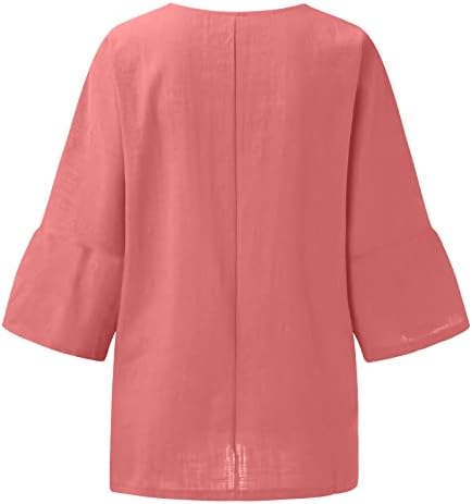Linho feminino 3/4 blusa de manga Páscoa tripulação pescoço de verão linho de algodão top tops casuais