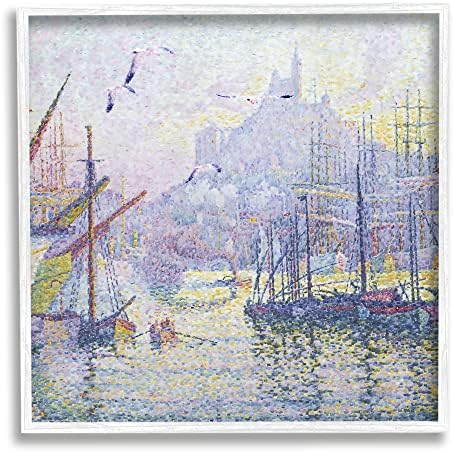 Stuell Industries Morning Sunrise Ship Port Seagulls Pointilism Náutica Pintura, projetada por Steve Hunziker White emoldurou