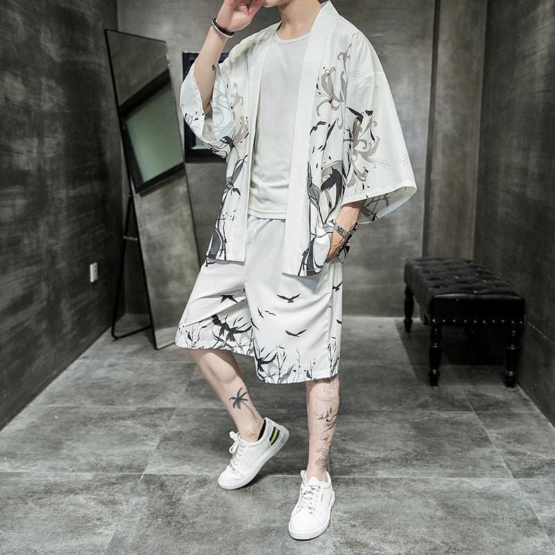 Masculino japonês de streetwear masculino de verão de duas peças de duas peças camisa de quimono + shorts roupas masculinas homens 2
