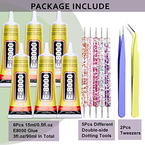 E8000 Clear Super Glue para Jóias, 6 x 15ml E-8000 B7000 cola cola de tecido de metal, cola adesiva para reparos de telefones de jóias artesanato de madeira com canetas de pontapé e pinças