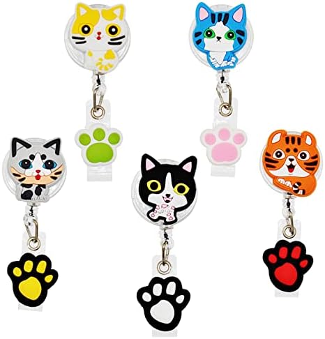 Yealque 5pcs portador de crachá retrátil fofo cravo de impressão de gato bobina adorável titular de crachá para alunos Presentes de enfermagem de professores