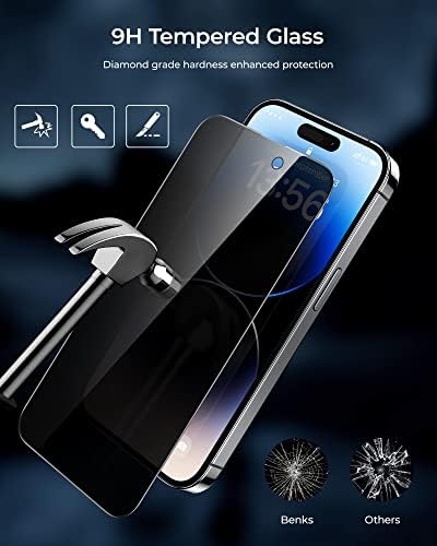 Benks projetados para iPhone 14 Pro, Protetor de tela de privacidade, [2 pacote] Tela de vidro com temperamento anti-spy com [0