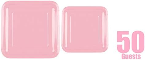 Oojami 100 contagem quadrada placas de papel rosa claro 50 ~ 9 Placas de papel de jantar 50 ~ 7 Placas de papel de