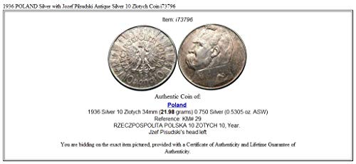 1936 Desconhecido 1936 Polônia AR com Jozef Pilsudski Antique AR 10 Coin Good Incertify
