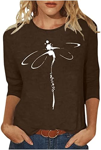 Camiseta feminina 3/4 manga 2023 Cotton Boat Neck Dragonfly Graphic Fit Fit Blouse Shirt for Teen Girls 0i