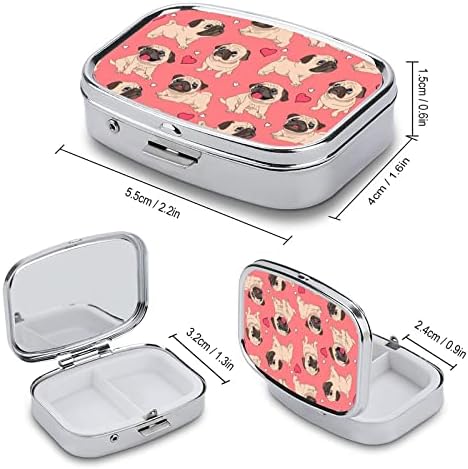 Caixa de comprimidos pugs cachorrinhos adoram coração em forma de quadra quadrada caixa de comprimidos portátil Pillbox Vitamin Container Organizer Pills Solter com 3 compartimentos