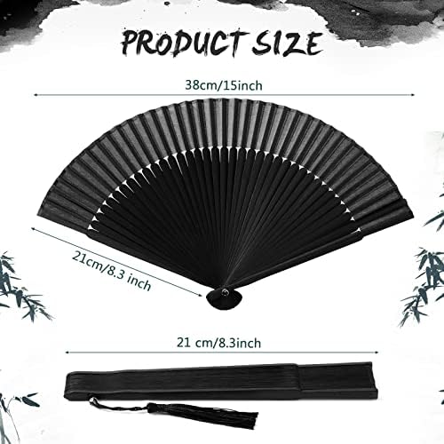 12 PCs 8.3 Fã de mão dobrável de seda preto vintage bambu fã de mão chinesa fã dobrado com borla para feminino Decoração