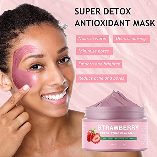 Máscara de argila de morango para rosto, máscara facial de argila rosa Cuidados com a pele melhorar os cravos da acne, manchas escuras, óleo de controle de máscara facial de limpeza e refino, 4,2 oz