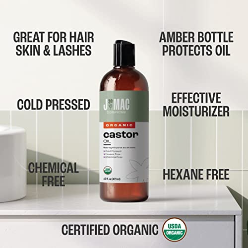 J Mac Botanicals Oil Organic Castor Oil, fria mamona de mamona livre livre, óleo de mamona para rosto, pele, óleo de