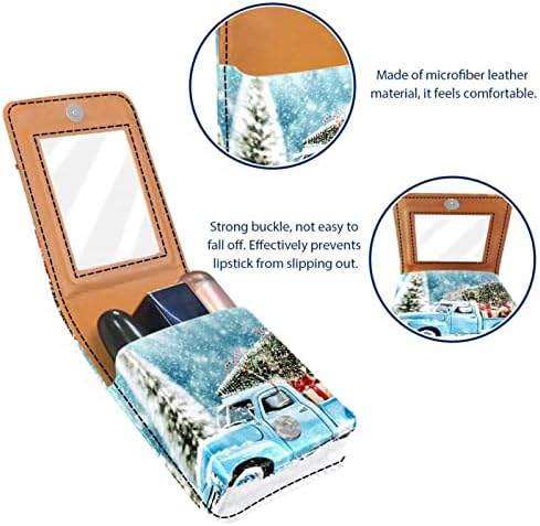 Caixa de batom de batom de viagem Guerotkr, saco de maquiagem portátil de batom com espelho, Feliz Natal Blue Pickup