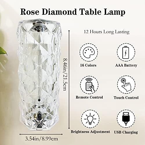 Lâmpada de mesa de diamante Rose, 16 cor RGB Touch e controle remoto Lâmpada de cristal artificial romântica para o quarto