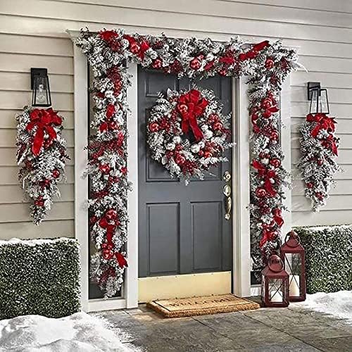 Braiton Christmas Wreaths Decoração para a porta da frente, parede pendurada no natal neve bola vermelha pinheiro pinheiro guirlanda