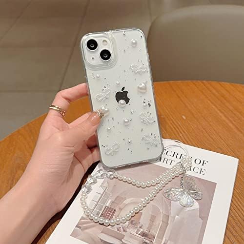 Zsytzl Compatível com iPhone 13 CASE CLARE CLARE 3D Coração Pérola Glitter Butterfly Com design de corrente para mulheres Kawaii