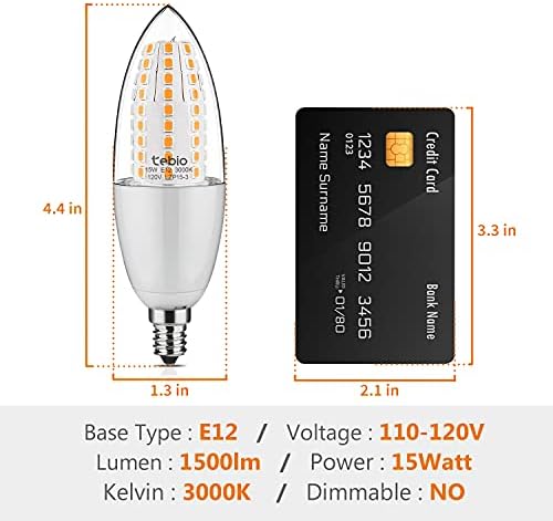 Tebio liderou a lâmpada de vela E12 15W, equivalente a 120W bulbo incandescente, 3000K WAX WHIT, 1500LM, CRI> 80 +, lâmpadas de