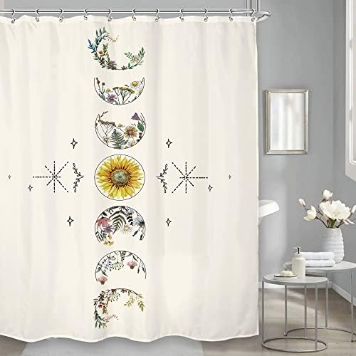 Cortina de chuveiro floral lghtyro boho, cortina de chuveiro da fase estética da lua, cortina de chuveiro bege vintage, cortina