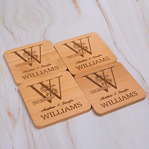 Monograma personalizado Coasters de madeira de faia para bebidas - Presentes de casamento personalizados Presentes de