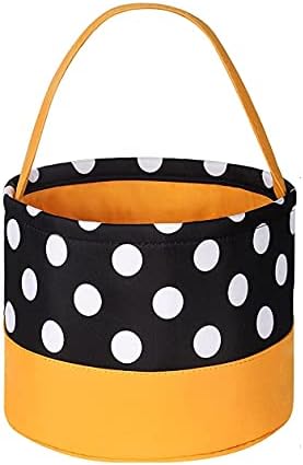 Jolly Jon Halloween Truque ou sacos de tratamento - Kids Candy Bucket Bag - preto com bolinhas brancas - cesto de laranja 6,75 x 9 polegadas