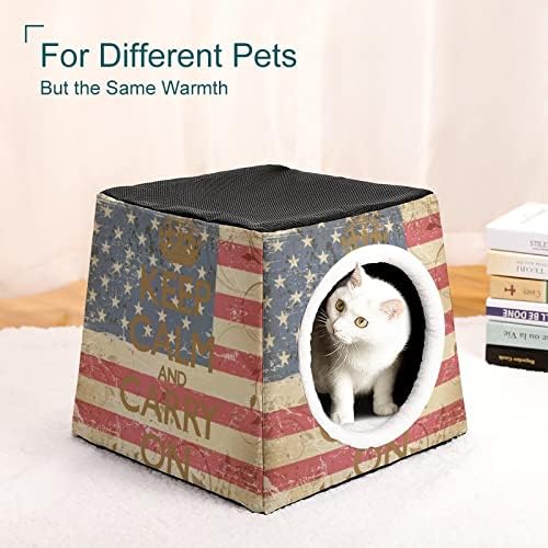 Mantenha a calma e continue com as camas de gatos de bandeira americana para gatos internos, fofa casa de refúgio