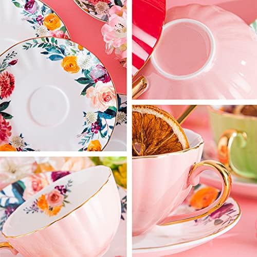 Joyofun rosa xícara de chá e pires, porcelana xícara de café Royal Cerâmica Floral Floral Charas com acabamento e colher de ouro, copo britânico vintage de 8 oz para café com leite, cappuccino, presente de chá, presente de aniversário do dia das mães