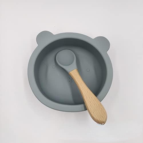 NA Silicone Bowl Urso de sucção colher de tigela com maçaneta de madeira bebês filhos com tigela anti -queda hbk4 azeitona verde