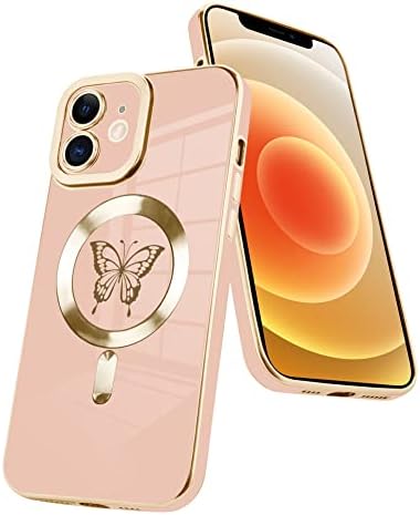 Caso magnético Fiyart para iPhone 12 Compatível com carregamento sem fio MagSafe, capa de telefone de borboleta fofa com protetor